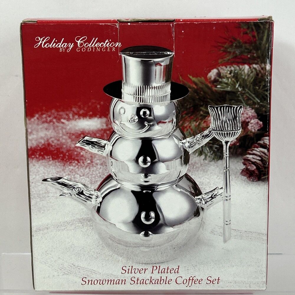 Snowman Stackable Coffee Tea Set Silver Plated Sugar Creamer Christmas Godinger